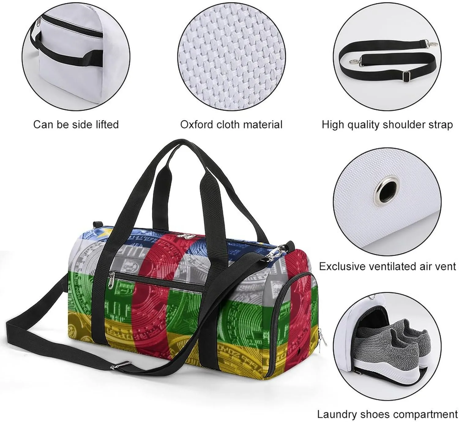 Central African Republic Flag Bitcoin Sports Duffel Bag with Wet Pocket and Shoe Compartment for Gym