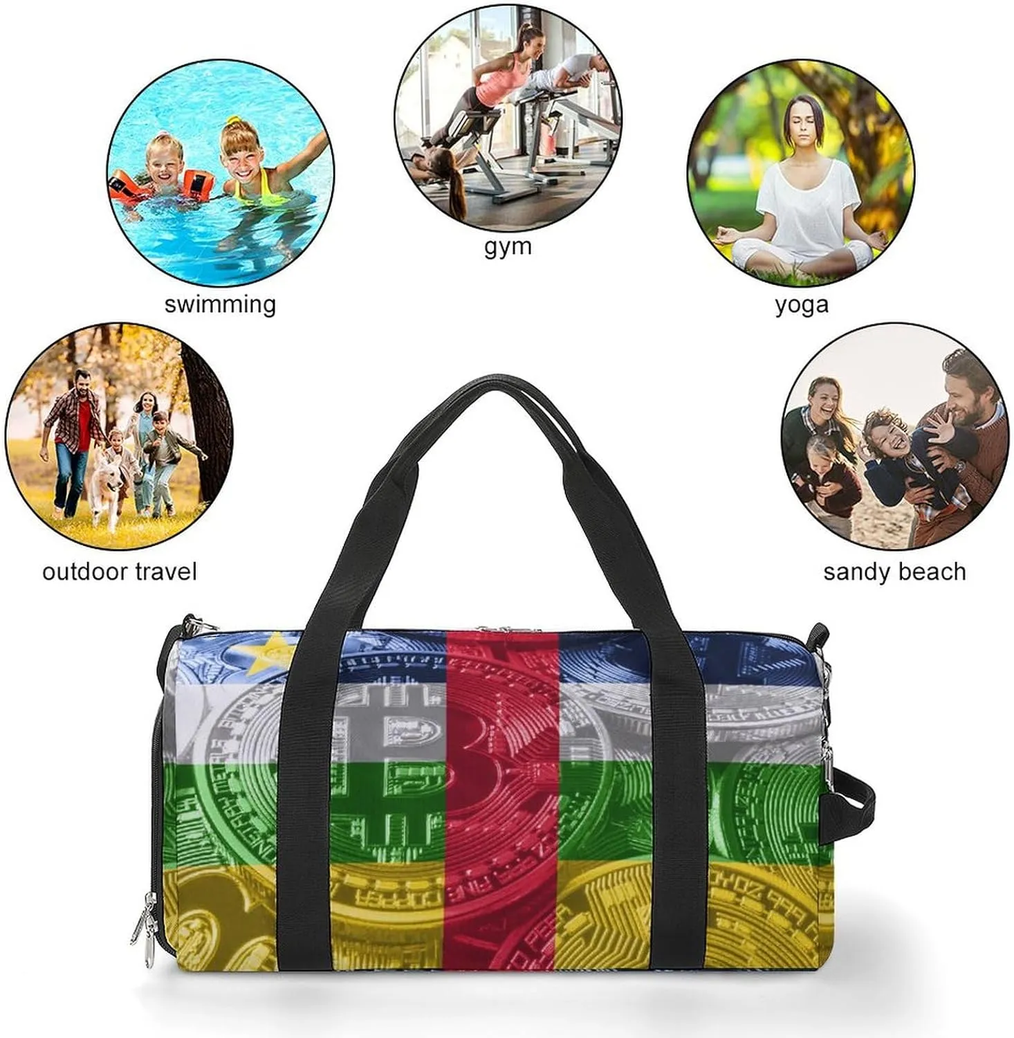 Central African Republic Flag Bitcoin Sports Duffel Bag with Wet Pocket and Shoe Compartment for Gym
