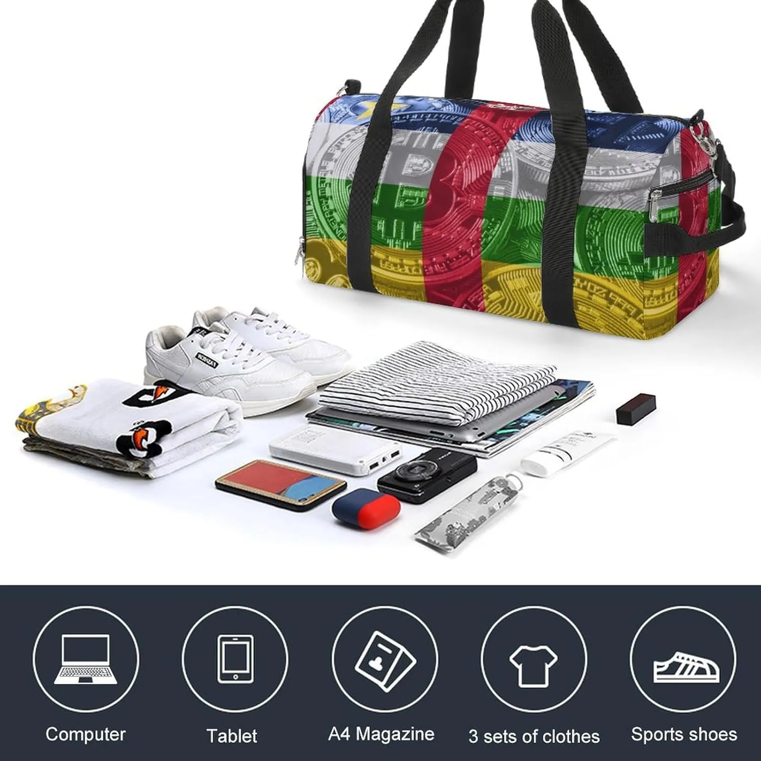 Central African Republic Flag Bitcoin Sports Duffel Bag with Wet Pocket and Shoe Compartment for Gym
