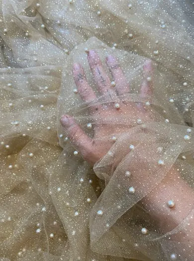 Champagne Pearl Beaded Glittery Mesh/Tulle