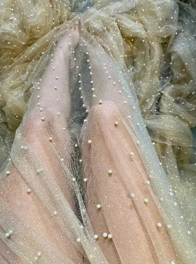 Champagne Pearl Beaded Glittery Mesh/Tulle