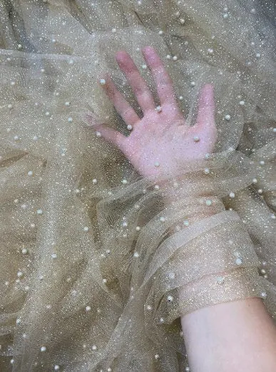 Champagne Pearl Beaded Glittery Mesh/Tulle