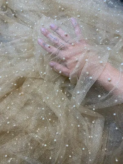 Champagne Pearl Beaded Glittery Mesh/Tulle