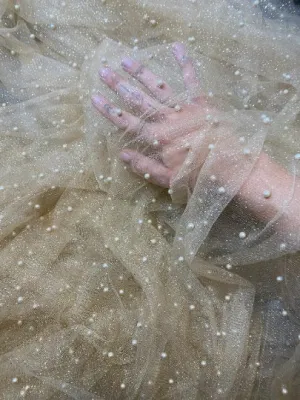 Champagne Pearl Beaded Glittery Mesh/Tulle