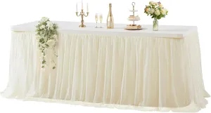 Champagne Tulle Table Cloth for 6 Foot Rectangle Tables, 6ft Wrinkle Free Tablecloths with Tutu Skirt Stretch Fitted Ruffle Table Covers for Wedding Birthday Party Banquet Cake Tables Decor