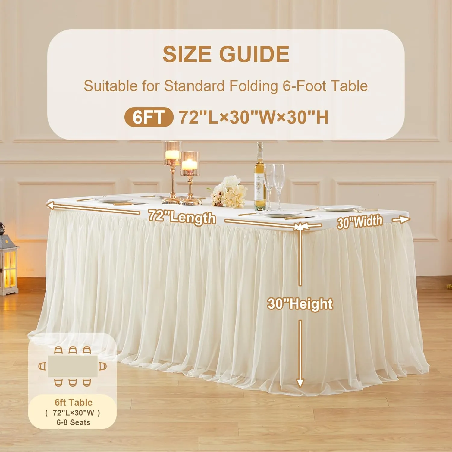Champagne Tulle Table Cloth for 6 Foot Rectangle Tables, 6ft Wrinkle Free Tablecloths with Tutu Skirt Stretch Fitted Ruffle Table Covers for Wedding Birthday Party Banquet Cake Tables Decor