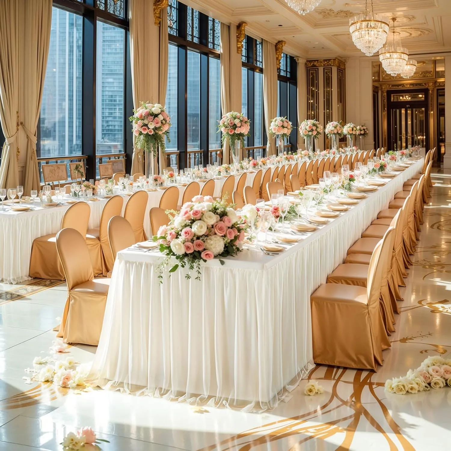 Champagne Tulle Table Cloth for 6 Foot Rectangle Tables, 6ft Wrinkle Free Tablecloths with Tutu Skirt Stretch Fitted Ruffle Table Covers for Wedding Birthday Party Banquet Cake Tables Decor