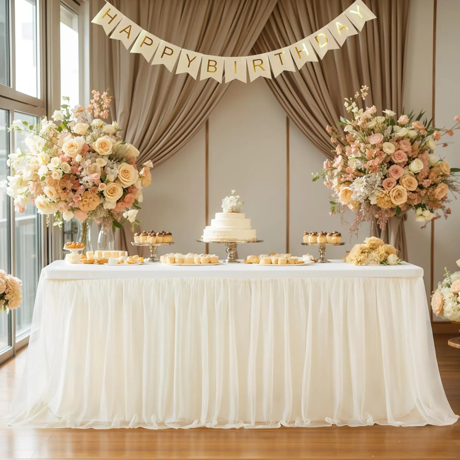 Champagne Tulle Table Cloth for 6 Foot Rectangle Tables, 6ft Wrinkle Free Tablecloths with Tutu Skirt Stretch Fitted Ruffle Table Covers for Wedding Birthday Party Banquet Cake Tables Decor