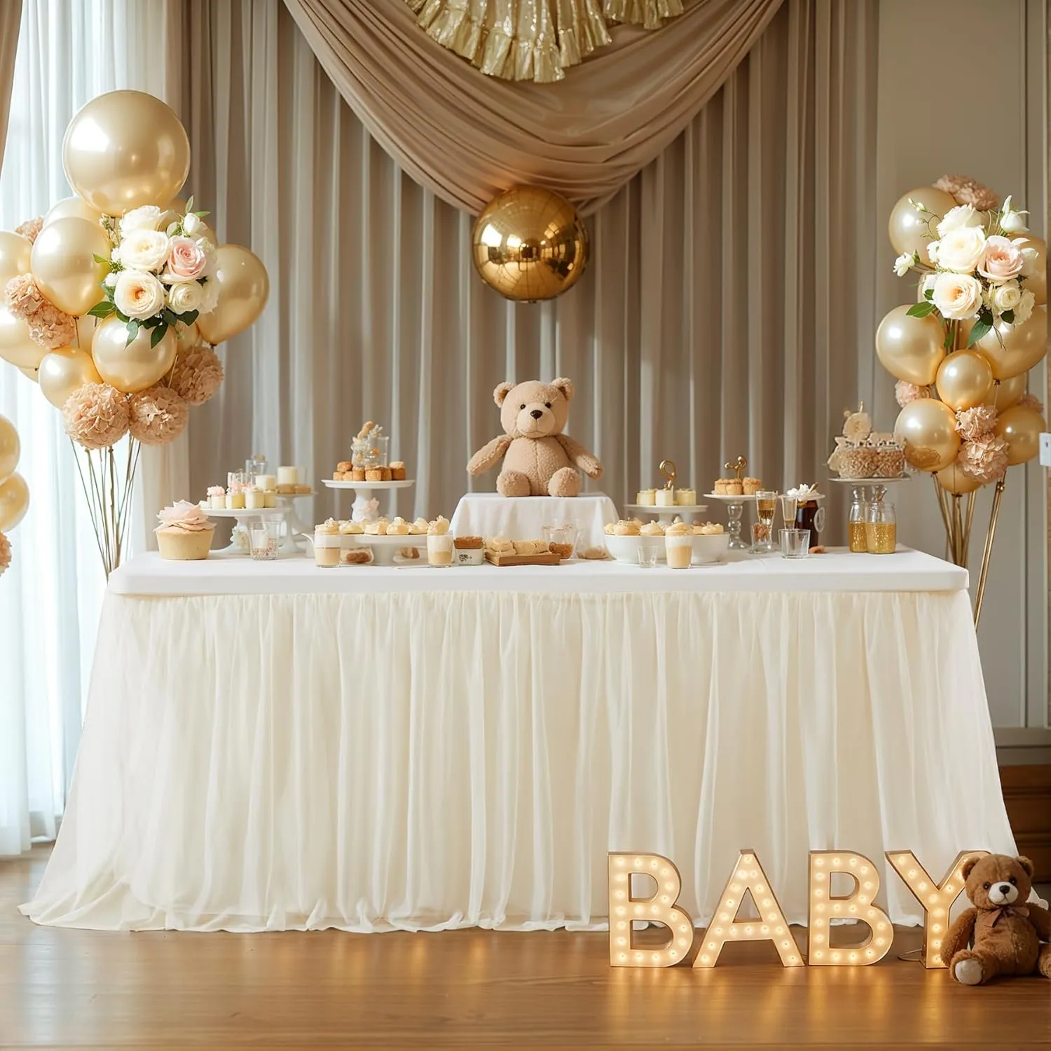 Champagne Tulle Table Cloth for 6 Foot Rectangle Tables, 6ft Wrinkle Free Tablecloths with Tutu Skirt Stretch Fitted Ruffle Table Covers for Wedding Birthday Party Banquet Cake Tables Decor