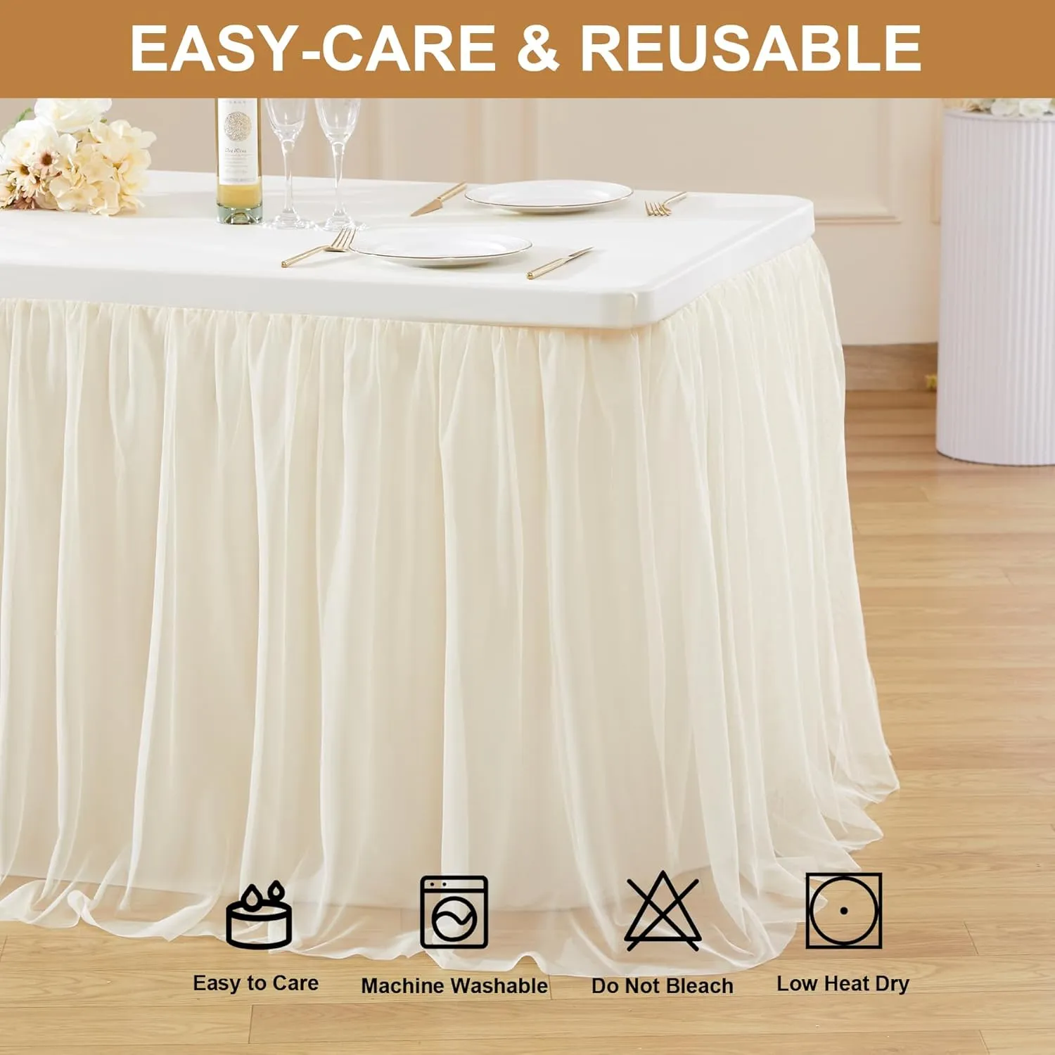 Champagne Tulle Table Cloth for 6 Foot Rectangle Tables, 6ft Wrinkle Free Tablecloths with Tutu Skirt Stretch Fitted Ruffle Table Covers for Wedding Birthday Party Banquet Cake Tables Decor