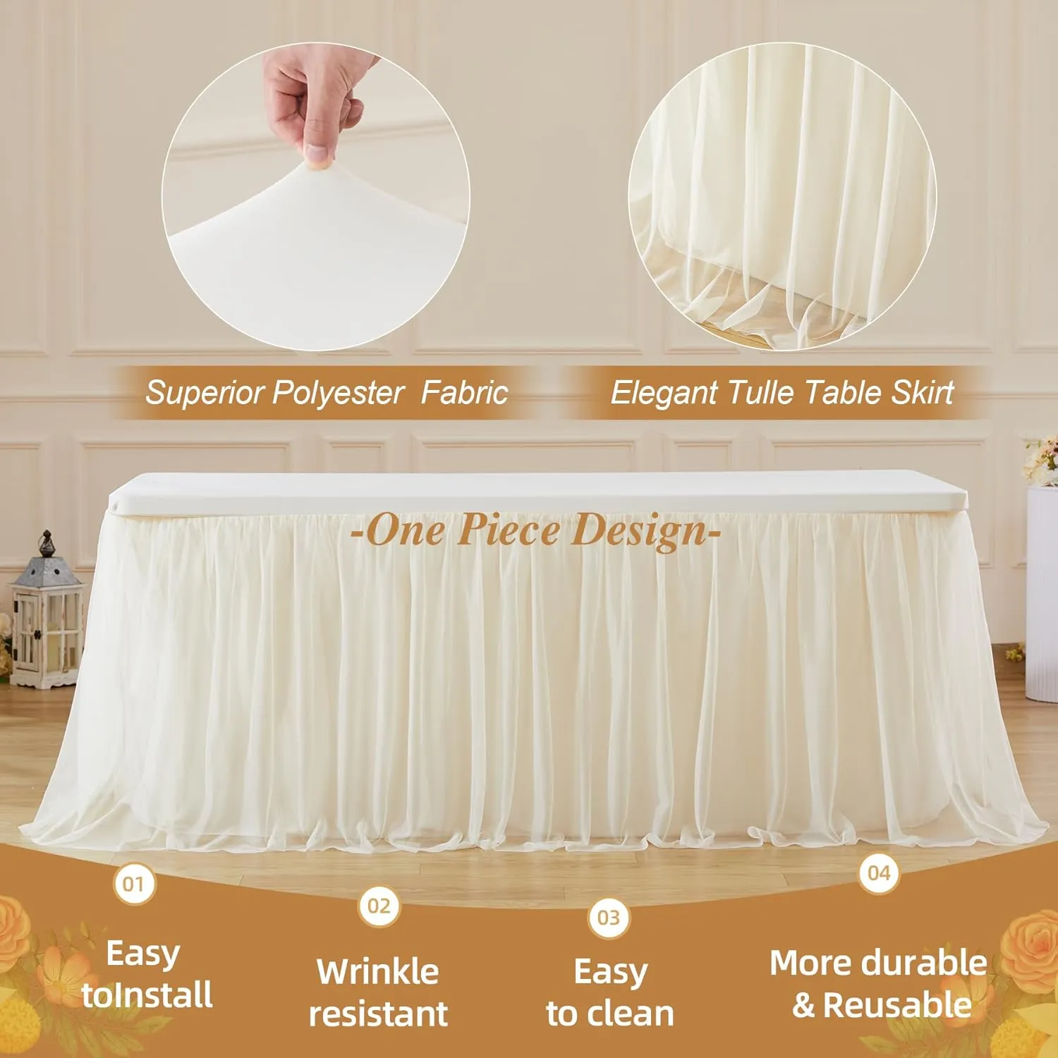 Champagne Tulle Table Cloth for 6 Foot Rectangle Tables, 6ft Wrinkle Free Tablecloths with Tutu Skirt Stretch Fitted Ruffle Table Covers for Wedding Birthday Party Banquet Cake Tables Decor