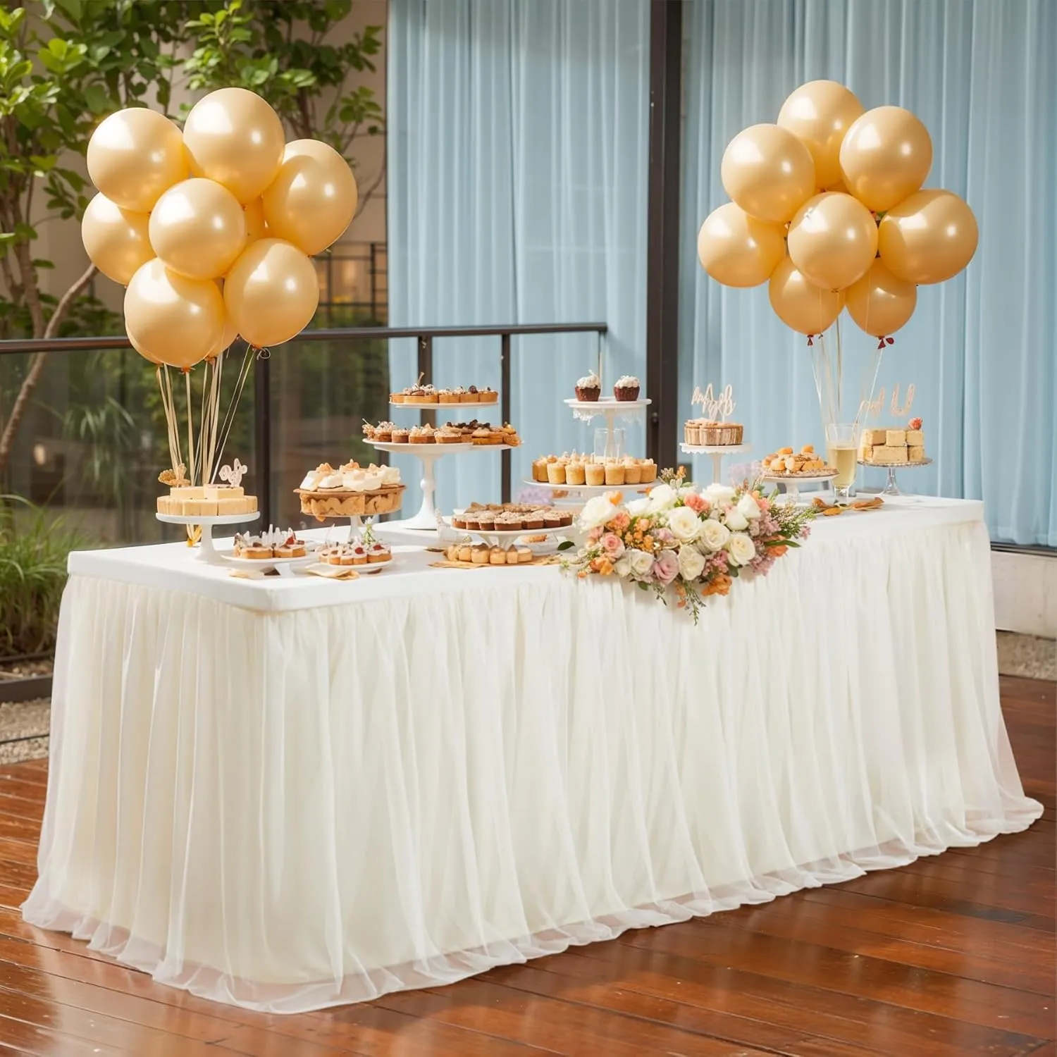 Champagne Tulle Table Cloth for 6 Foot Rectangle Tables, 6ft Wrinkle Free Tablecloths with Tutu Skirt Stretch Fitted Ruffle Table Covers for Wedding Birthday Party Banquet Cake Tables Decor