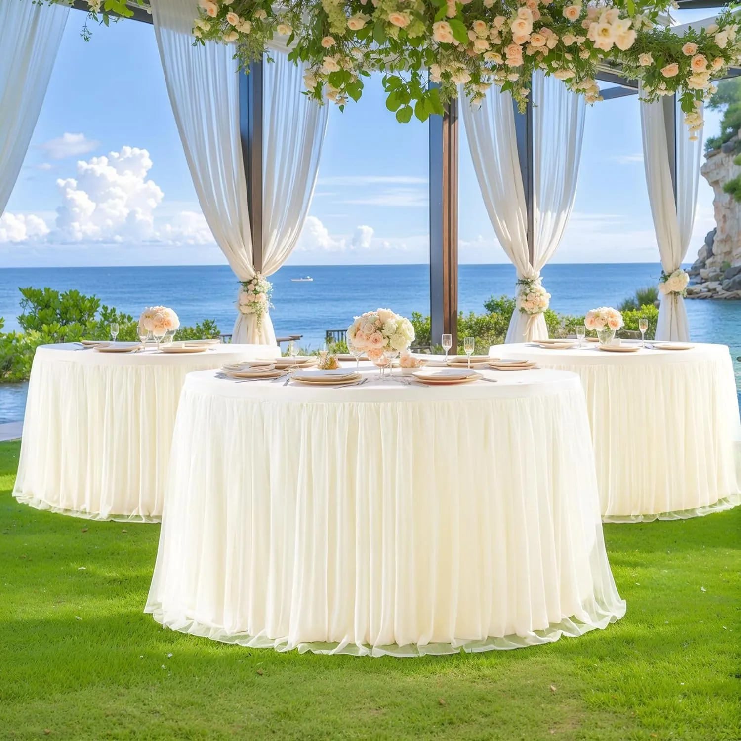 Champagne Tulle Tablecloth Fitted 72 Inch Round Tables, Ruffle Spandex Round Table Cloth with Tutu Skirt, Wrinkle Free Stretch Tulle Table Cover for Wedding Birthday Baby Bridal Shower Party