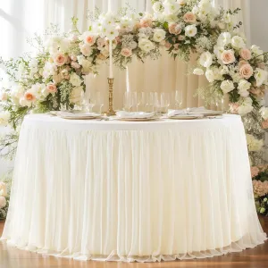 Champagne Tulle Tablecloth Fitted 72 Inch Round Tables, Ruffle Spandex Round Table Cloth with Tutu Skirt, Wrinkle Free Stretch Tulle Table Cover for Wedding Birthday Baby Bridal Shower Party