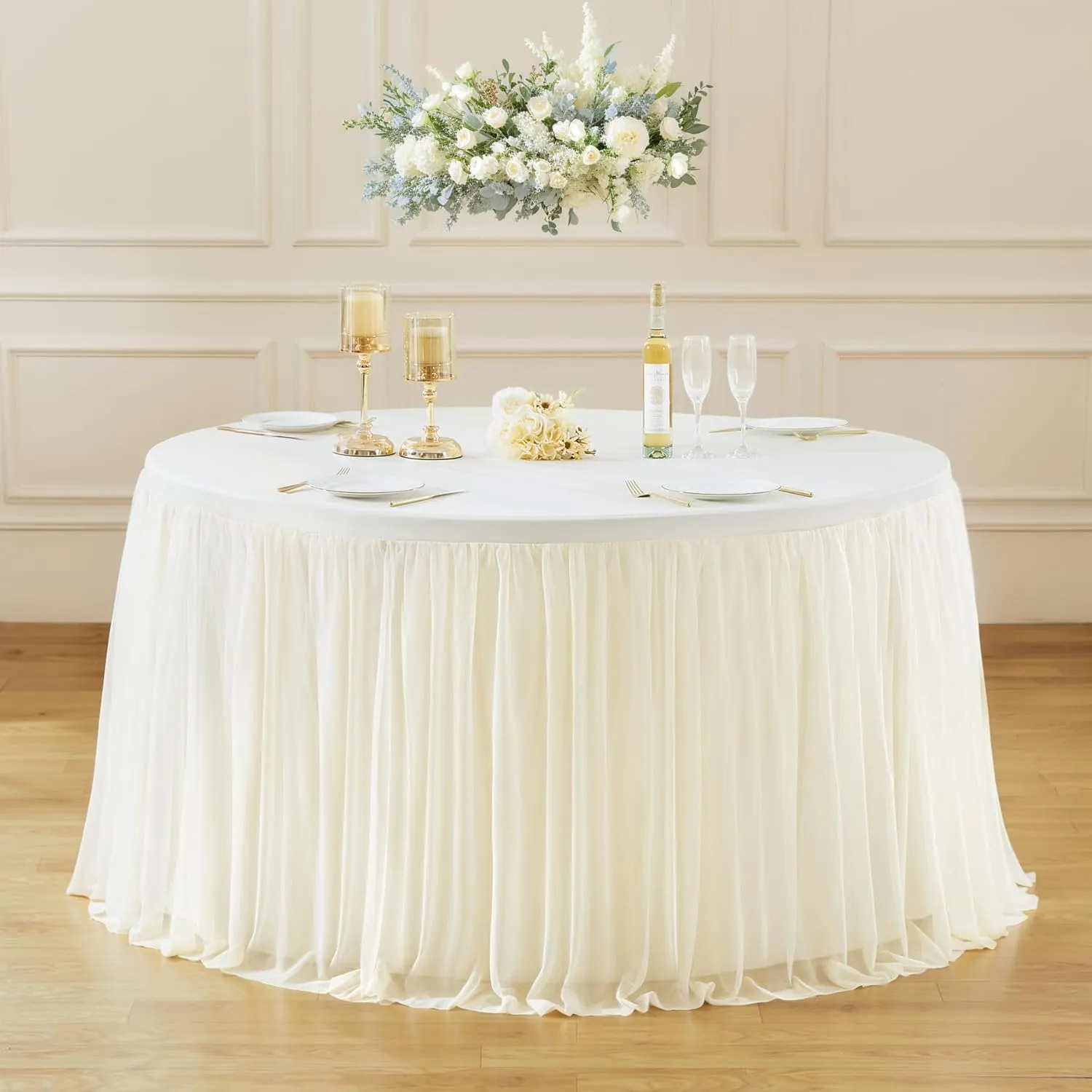 Champagne Tulle Tablecloth Fitted 72 Inch Round Tables, Ruffle Spandex Round Table Cloth with Tutu Skirt, Wrinkle Free Stretch Tulle Table Cover for Wedding Birthday Baby Bridal Shower Party