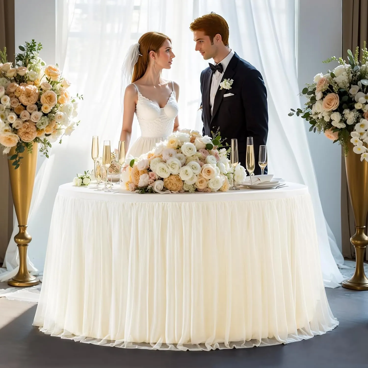Champagne Tulle Tablecloth Fitted 72 Inch Round Tables, Ruffle Spandex Round Table Cloth with Tutu Skirt, Wrinkle Free Stretch Tulle Table Cover for Wedding Birthday Baby Bridal Shower Party