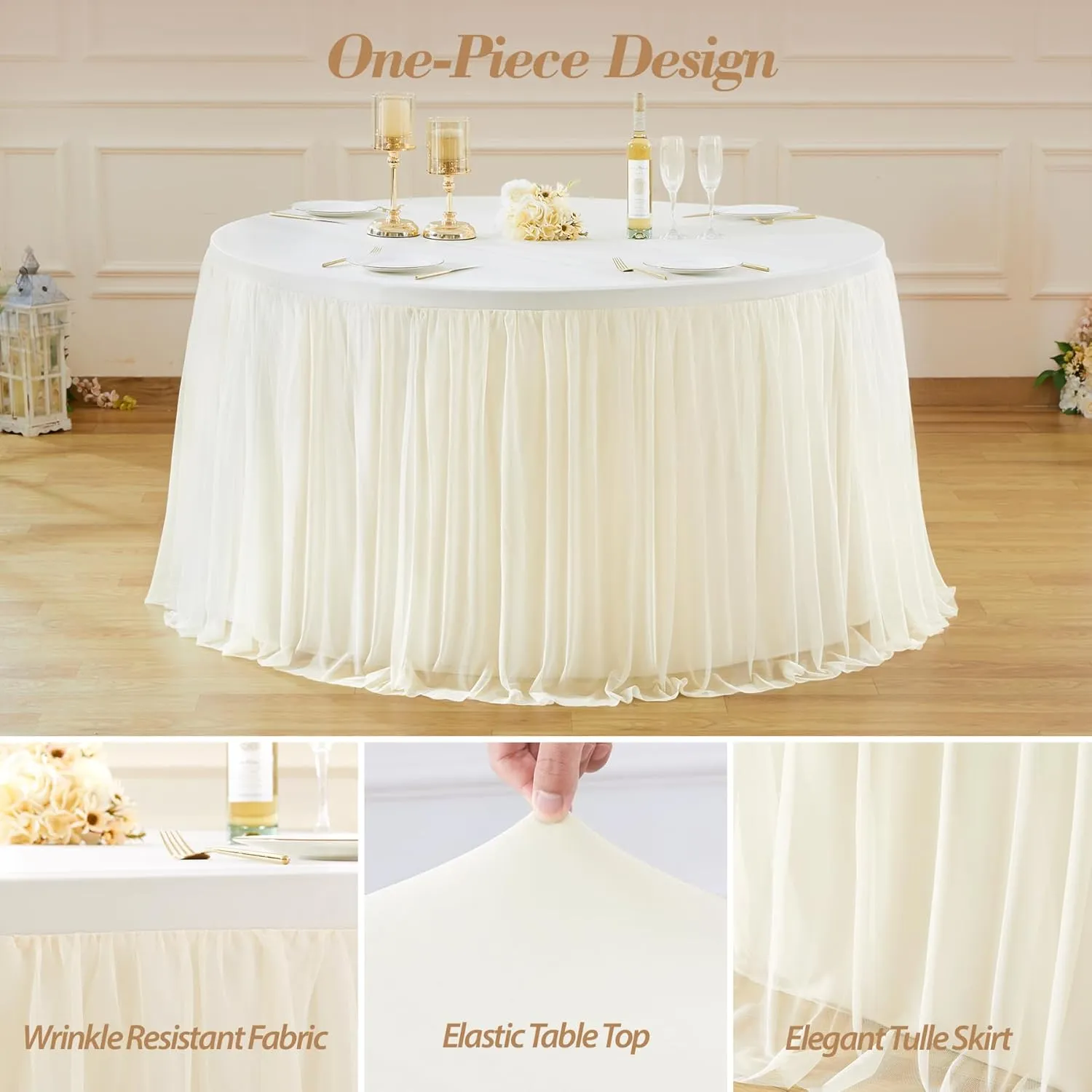 Champagne Tulle Tablecloth Fitted 72 Inch Round Tables, Ruffle Spandex Round Table Cloth with Tutu Skirt, Wrinkle Free Stretch Tulle Table Cover for Wedding Birthday Baby Bridal Shower Party