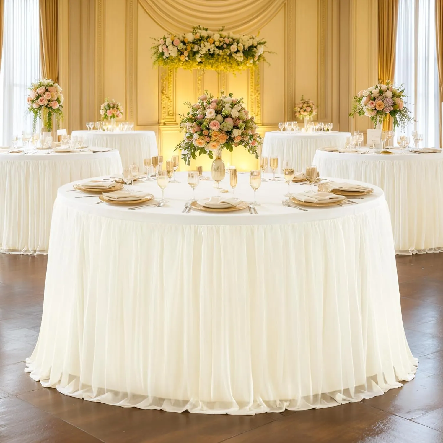 Champagne Tulle Tablecloth Fitted 72 Inch Round Tables, Ruffle Spandex Round Table Cloth with Tutu Skirt, Wrinkle Free Stretch Tulle Table Cover for Wedding Birthday Baby Bridal Shower Party