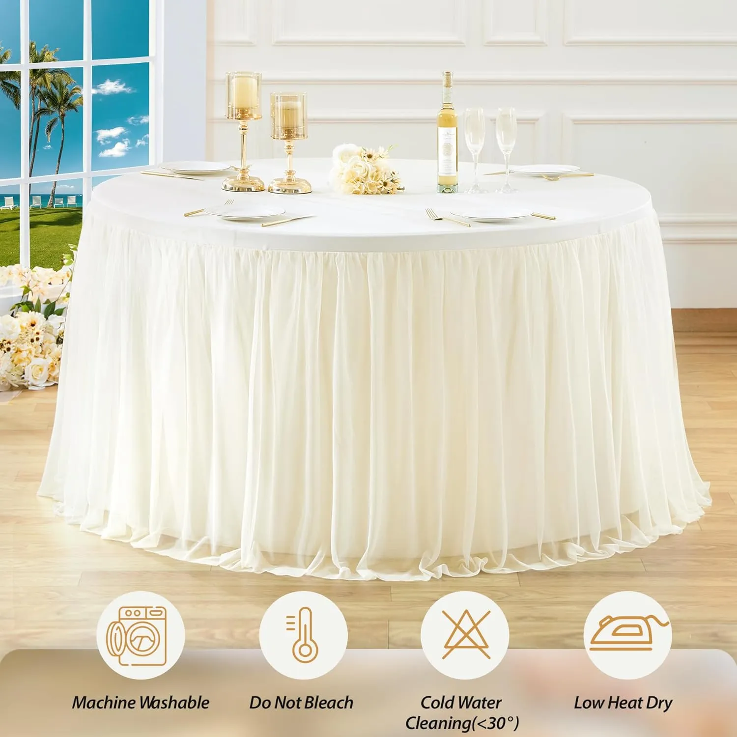 Champagne Tulle Tablecloth Fitted 72 Inch Round Tables, Ruffle Spandex Round Table Cloth with Tutu Skirt, Wrinkle Free Stretch Tulle Table Cover for Wedding Birthday Baby Bridal Shower Party