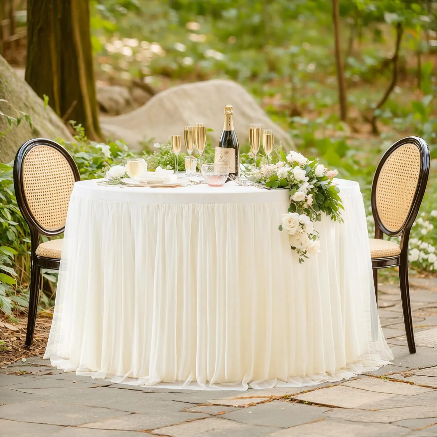 Champagne Tulle Tablecloth Fitted 72 Inch Round Tables, Ruffle Spandex Round Table Cloth with Tutu Skirt, Wrinkle Free Stretch Tulle Table Cover for Wedding Birthday Baby Bridal Shower Party