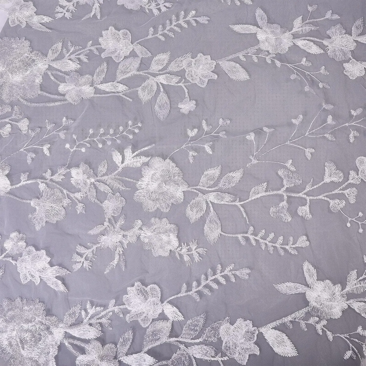 CHGCRAFT 1 Yard Embroidery Floral Lace Fabric Flower Polyester Mesh White Floral Lace Trim Fabric Wedding Garment Accessories for Bridal Veils Dress Curtain, 38" Wide