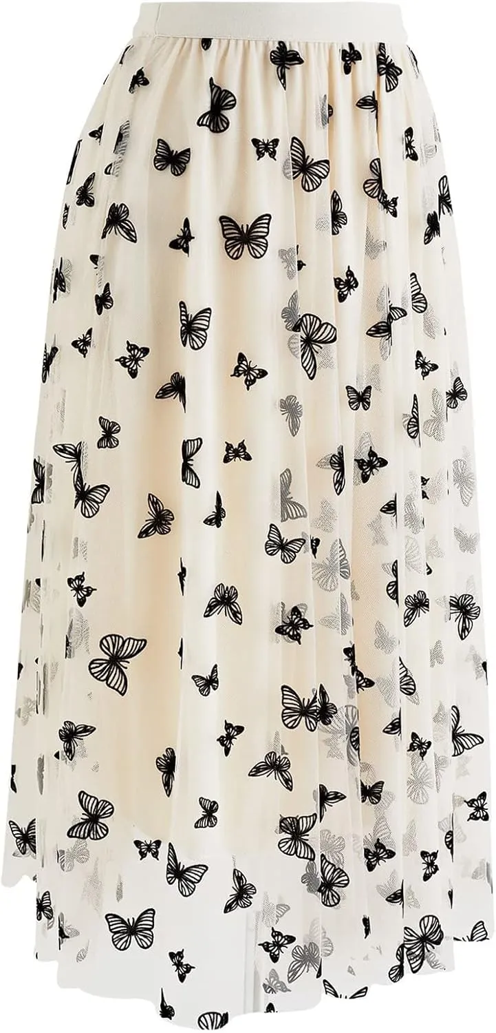 CHICWISH Women's Velvet Flower Blossom Mesh Tulle Skirt