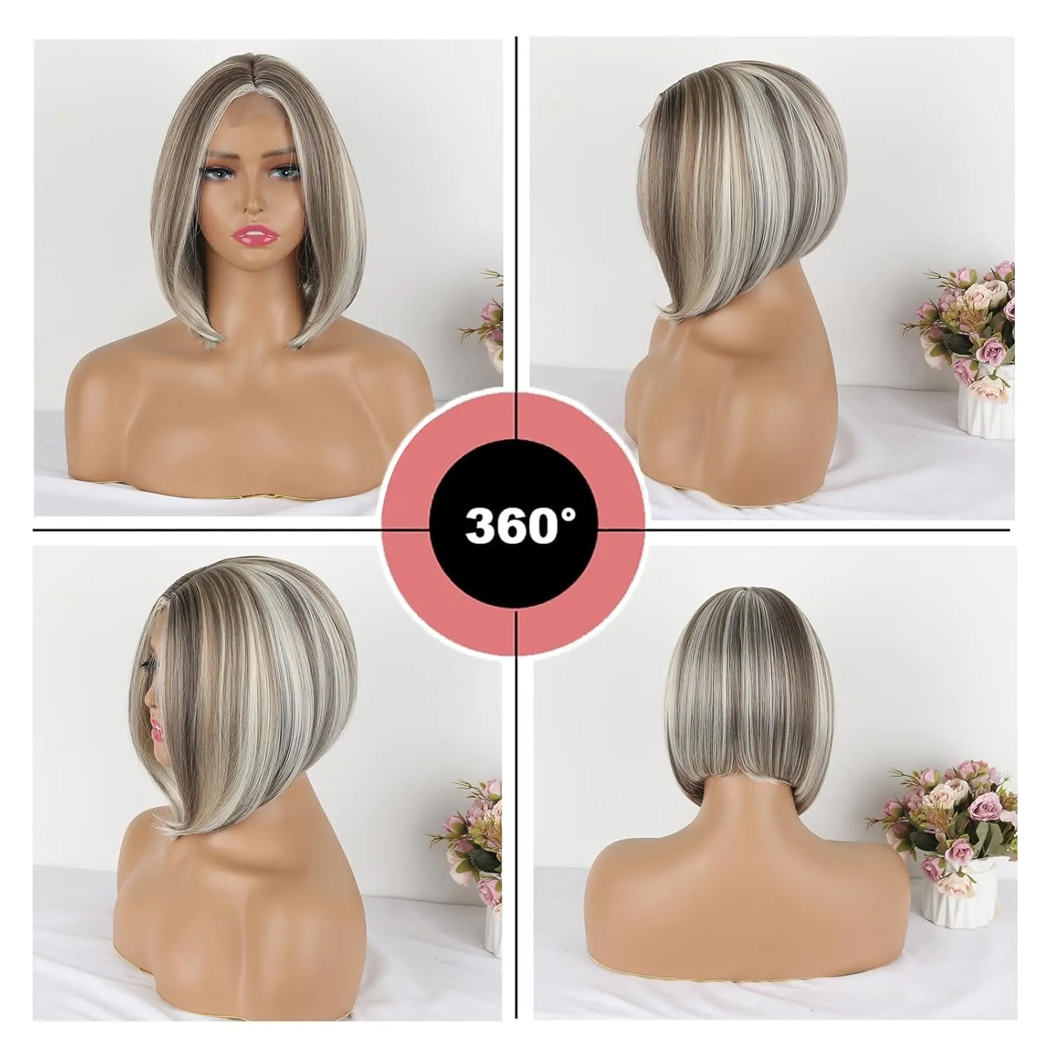 CHINOO Short Lace Bob Hair Wigs for White Women Blonde Skunk Stripe Wig,Shoulder Length Wigs for Women Synthetic Stremlined A-Line Bob Wig Shades of Blonde,White and Brown(F4P/60#)