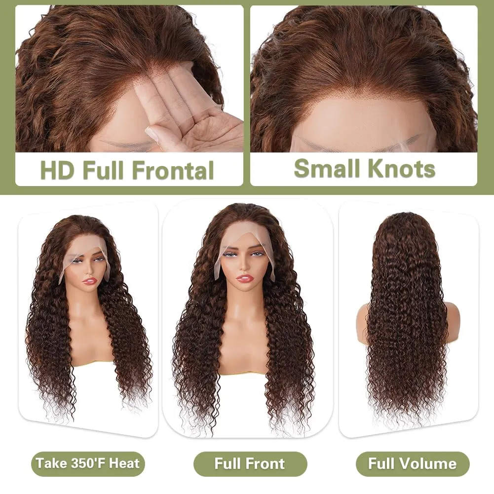 Chocolate Brown Lace Front Wig 13x4 Water Wave Lace Front Wigs Human Hair Pre Plucked 180 Density Deep Curly Brown Wet And Wavy Hd Frontal Human Hair For Women Natural Hairline Free Tangle 28 Inch