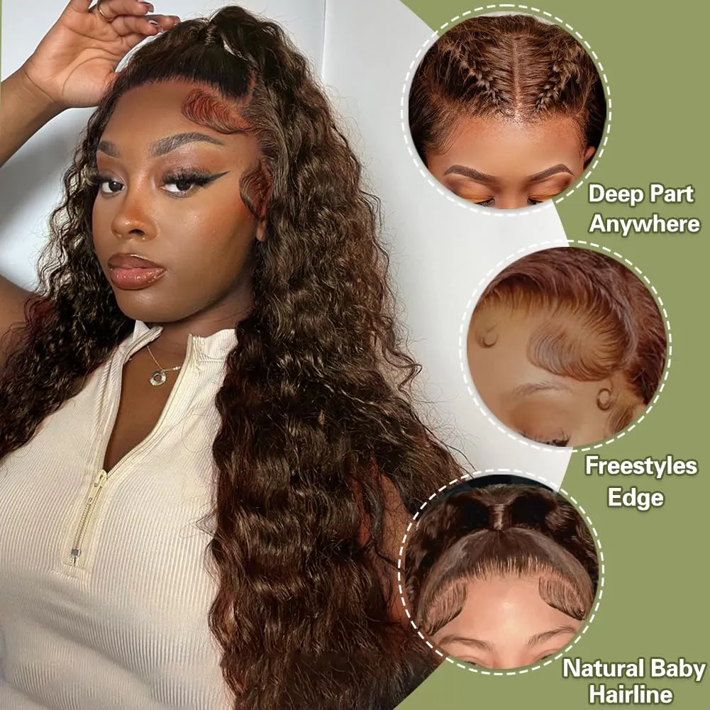 Chocolate Brown Lace Front Wig 13x4 Water Wave Lace Front Wigs Human Hair Pre Plucked 180 Density Deep Curly Brown Wet And Wavy Hd Frontal Human Hair For Women Natural Hairline Free Tangle 28 Inch