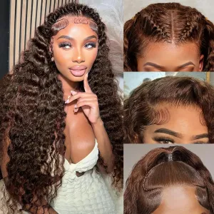Chocolate Brown Lace Front Wig 13x4 Water Wave Lace Front Wigs Human Hair Pre Plucked 180 Density Deep Curly Brown Wet And Wavy Hd Frontal Human Hair For Women Natural Hairline Free Tangle 28 Inch