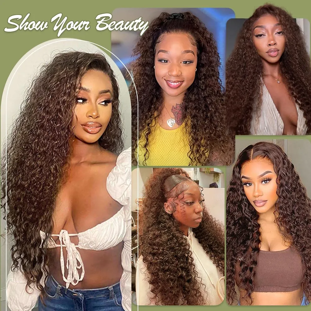 Chocolate Brown Lace Front Wig 13x4 Water Wave Lace Front Wigs Human Hair Pre Plucked 180 Density Deep Curly Brown Wet And Wavy Hd Frontal Human Hair For Women Natural Hairline Free Tangle 28 Inch