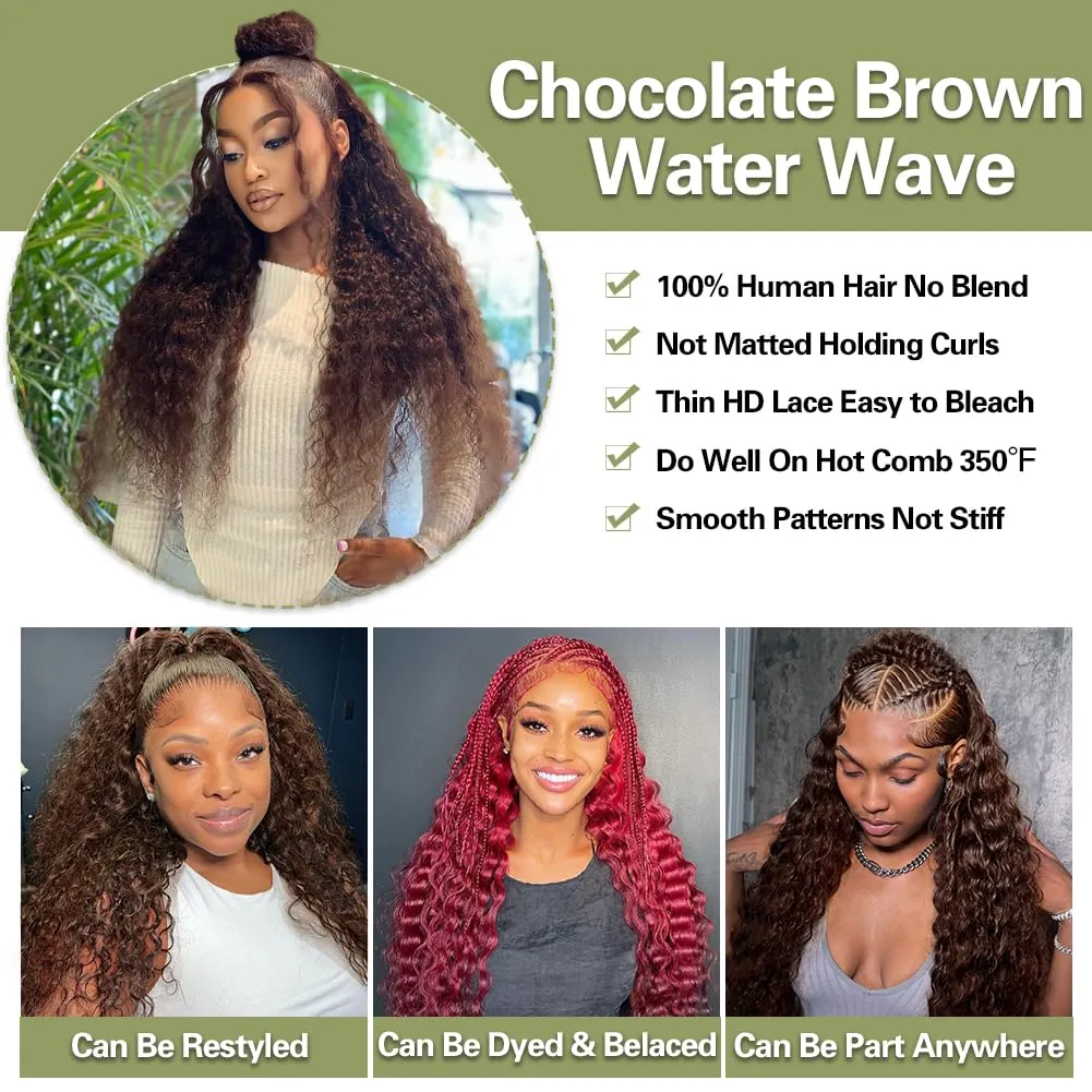 Chocolate Brown Lace Front Wig 13x4 Water Wave Lace Front Wigs Human Hair Pre Plucked 180 Density Deep Curly Brown Wet And Wavy Hd Frontal Human Hair For Women Natural Hairline Free Tangle 28 Inch
