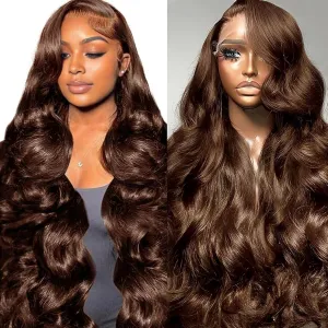 Chocolate Brown Lace Front Wig 13x6 HD Body Wave Lace Front Wigs Human Hair Pre Plucked Colored Frontal Glueless Brown Human Hair Wig for Women with Baby Hair 180 Density 28 Inch