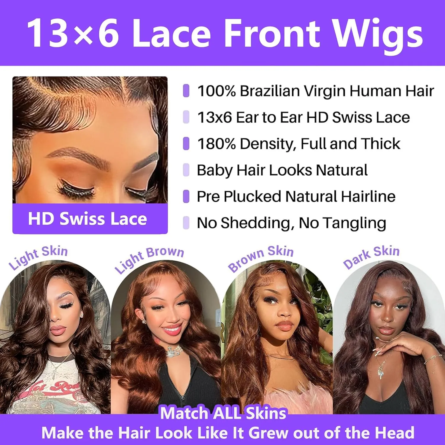 Chocolate Brown Lace Front Wig 13x6 HD Body Wave Lace Front Wigs Human Hair Pre Plucked Colored Frontal Glueless Brown Human Hair Wig for Women with Baby Hair 180 Density 28 Inch
