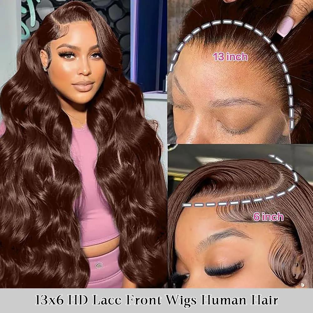 Chocolate Brown Lace Front Wig 13x6 Hd Transparent Body Wave Lace Front Wigs Human Hair 200% Density Brown Wig Human Hair 4# Colored Glueless Wigs for Women 28 Inch