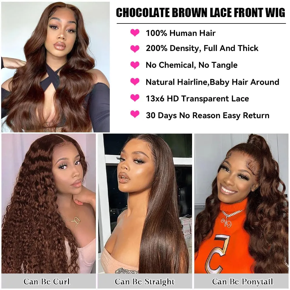 Chocolate Brown Lace Front Wig 13x6 Hd Transparent Body Wave Lace Front Wigs Human Hair 200% Density Brown Wig Human Hair 4# Colored Glueless Wigs for Women 28 Inch