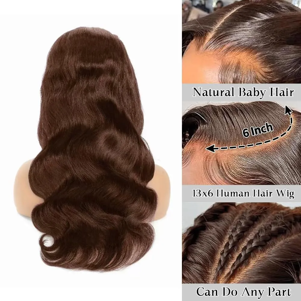 Chocolate Brown Lace Front Wig 13x6 Hd Transparent Body Wave Lace Front Wigs Human Hair 200% Density Brown Wig Human Hair 4# Colored Glueless Wigs for Women 28 Inch