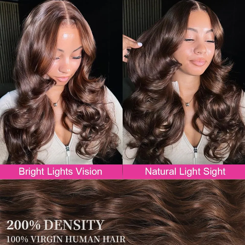 Chocolate Brown Lace Front Wig Human Hair 200 Density Body Wave 13x6 HD Lace Front Wigs Pre Plucked Colored Frontal Wigs Human Hair Brown Wigs Human Hair Wig for Women 26 Inch