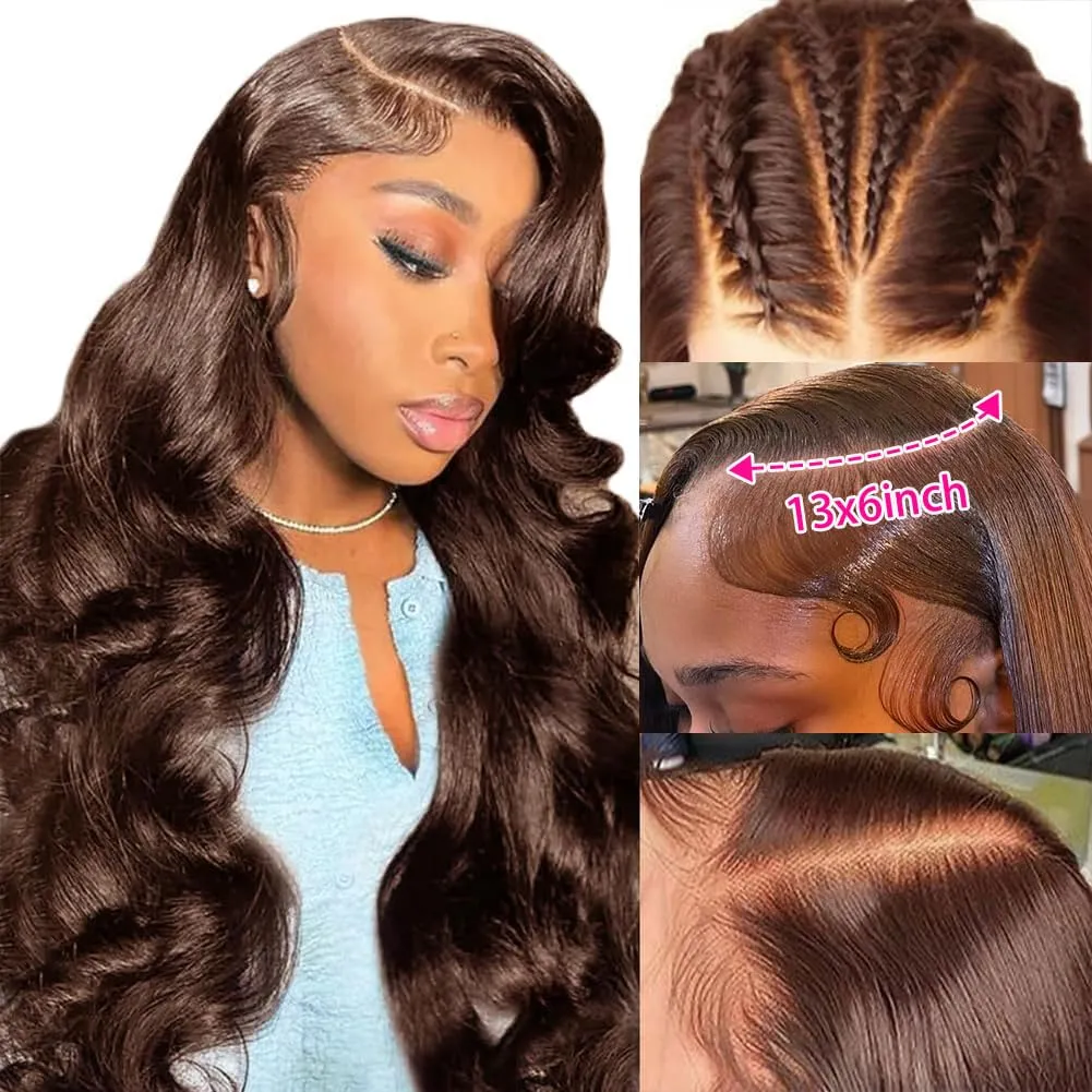 Chocolate Brown Lace Front Wig Human Hair 200 Density Body Wave 13x6 HD Lace Front Wigs Pre Plucked Colored Frontal Wigs Human Hair Brown Wigs Human Hair Wig for Women 26 Inch