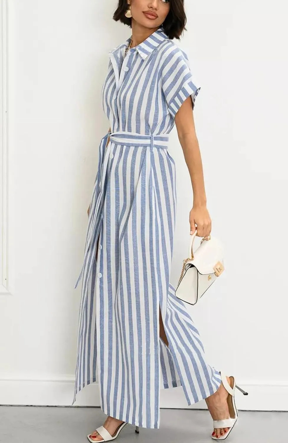chouyatou Women's Summer Short Sleeve Striped Shirt Dress Beach Maxi Long Belted Casual Button Down Dress