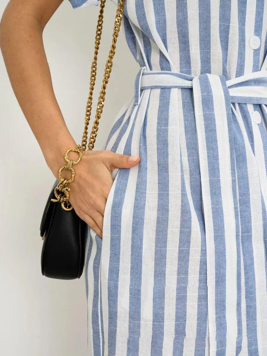 chouyatou Women's Summer Short Sleeve Striped Shirt Dress Beach Maxi Long Belted Casual Button Down Dress