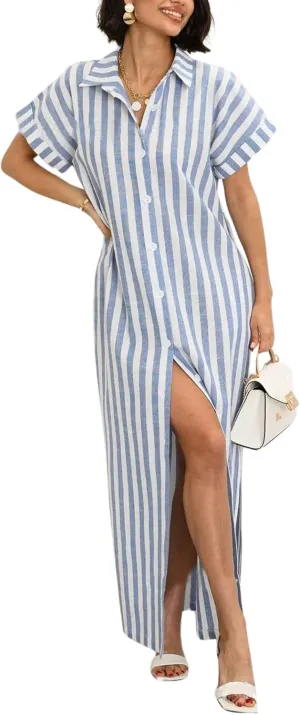 chouyatou Women's Summer Short Sleeve Striped Shirt Dress Beach Maxi Long Belted Casual Button Down Dress