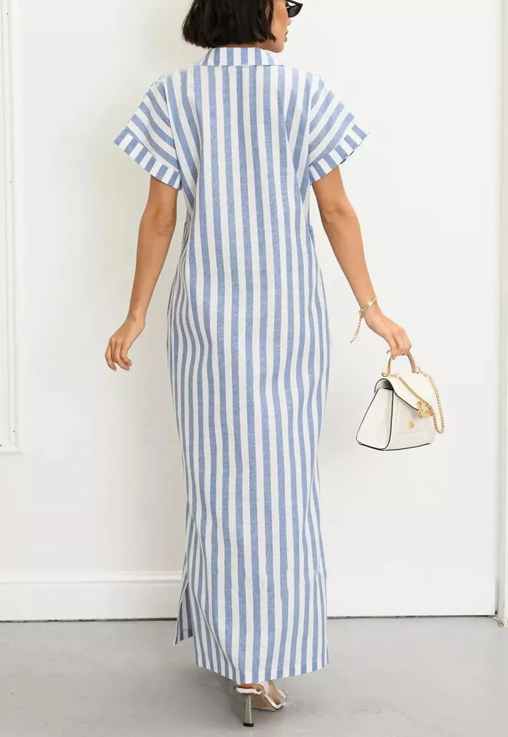 chouyatou Women's Summer Short Sleeve Striped Shirt Dress Beach Maxi Long Belted Casual Button Down Dress