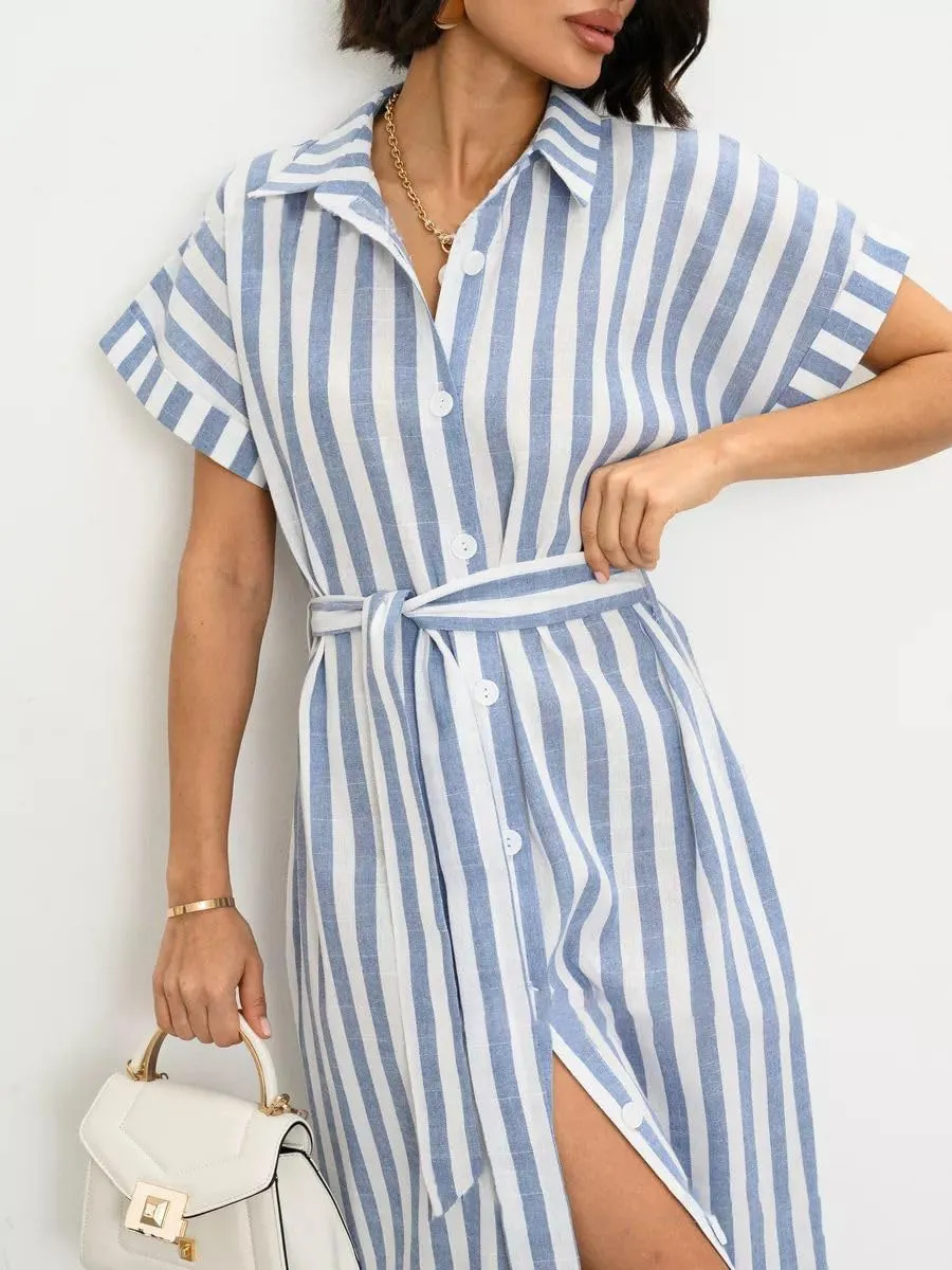 chouyatou Women's Summer Short Sleeve Striped Shirt Dress Beach Maxi Long Belted Casual Button Down Dress