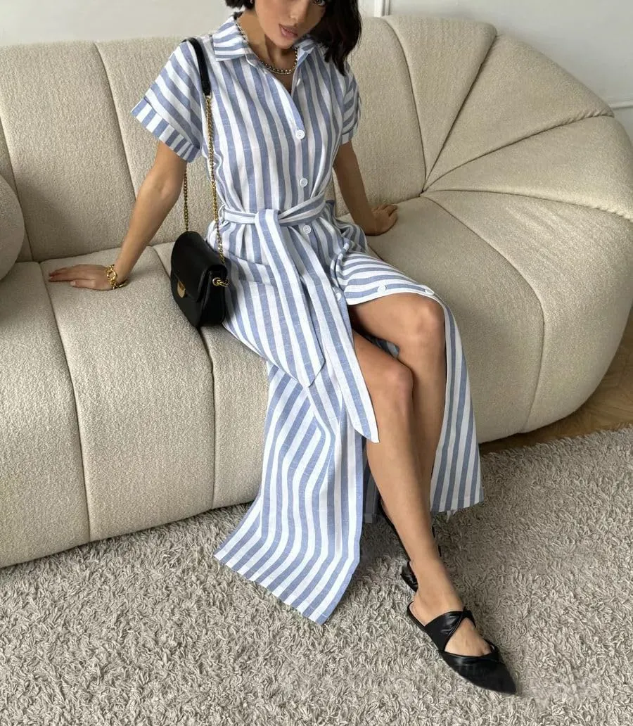 chouyatou Women's Summer Short Sleeve Striped Shirt Dress Beach Maxi Long Belted Casual Button Down Dress