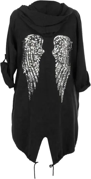 Cima Mode Womens Sequin Angel Wings Back Baggy Oversized Hoodie Cardigan Jacket Sweatshirt Top