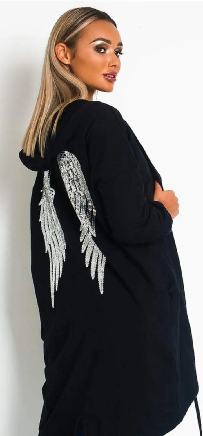 Cima Mode Womens Sequin Angel Wings Back Baggy Oversized Hoodie Cardigan Jacket Sweatshirt Top