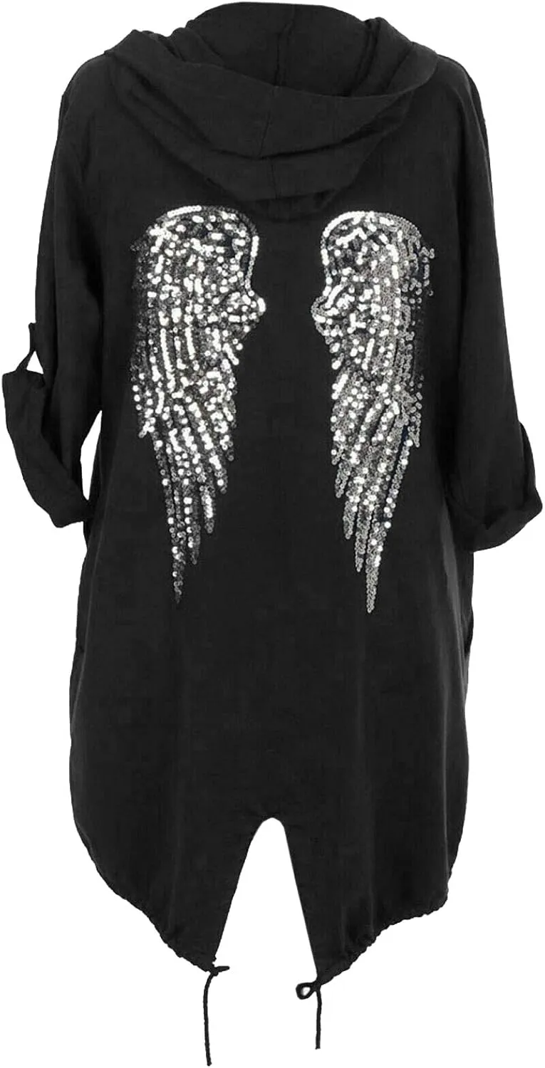Cima Mode Womens Sequin Angel Wings Back Baggy Oversized Hoodie Cardigan Jacket Sweatshirt Top