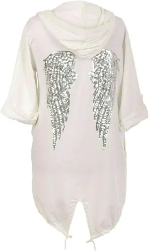 Cima Mode Womens Sequin Angel Wings Back Baggy Oversized Hoodie Cardigan Jacket Sweatshirt Top