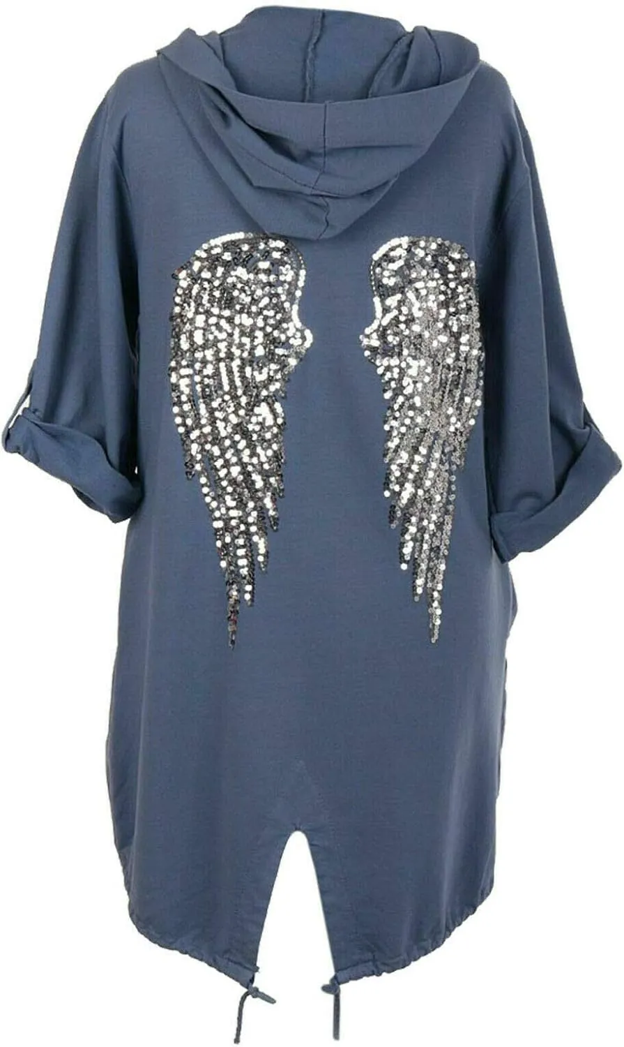 Cima Mode Womens Sequin Angel Wings Back Baggy Oversized Hoodie Cardigan Jacket Sweatshirt Top